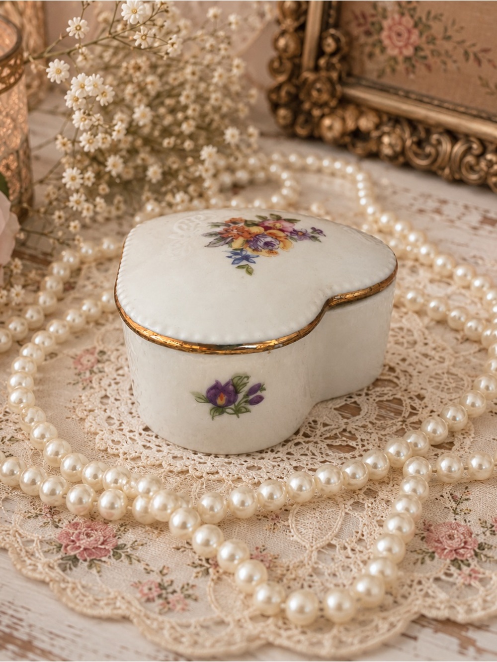 🫖🌸 Small Heart Trinket Box with Gold Trim and Floral Decals